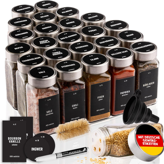 Deco House® square airtight spice jars 24-piece set [including labels & sprinkler] - glass spice jar set - spice container spice jars - spice storage - spice organizer - spice storage