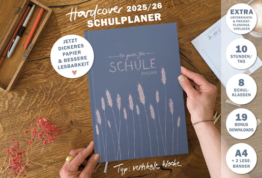One of the good teacher planners 2025/2026, A4 teacher planner, 1 double page per week, academic planner for school year 25/26, hardcover blue pink flowers, sustainable & climate-neutral.