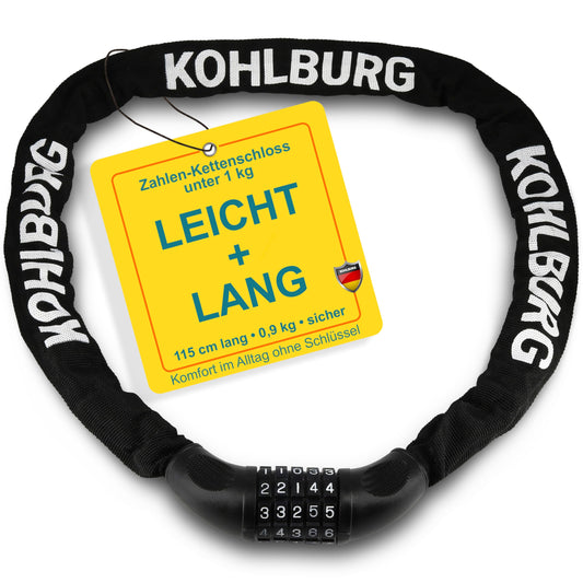 KOHLBURG very long bike lock combination lock 115cm & 6mm strong steel - bike lock with code - chain lock with number combination for bike E-bike & e scooter - code bike lock