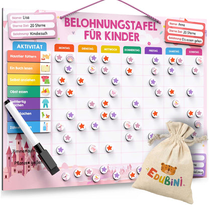 Reward chart for kids - [100 tasks + 350 magnets] - Reward system for responsibility - Family plan, Montessori magnetic board, weekly planner, ADHD tool - includes bag, pen