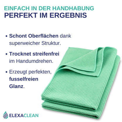 ELEXACLEAN Microfiber Drying Towel, Premium Waffle Cloth (4 pieces, 60x40 cm, Green) super soft quality for car, glass, kitchen, dishes, bathroom.