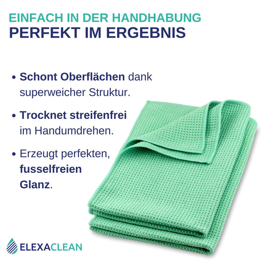 ELEXACLEAN Microfiber Drying Towel, Premium Waffle Cloth (4 pieces, 60x40 cm, Green) super soft quality for car, glass, kitchen, dishes, bathroom.