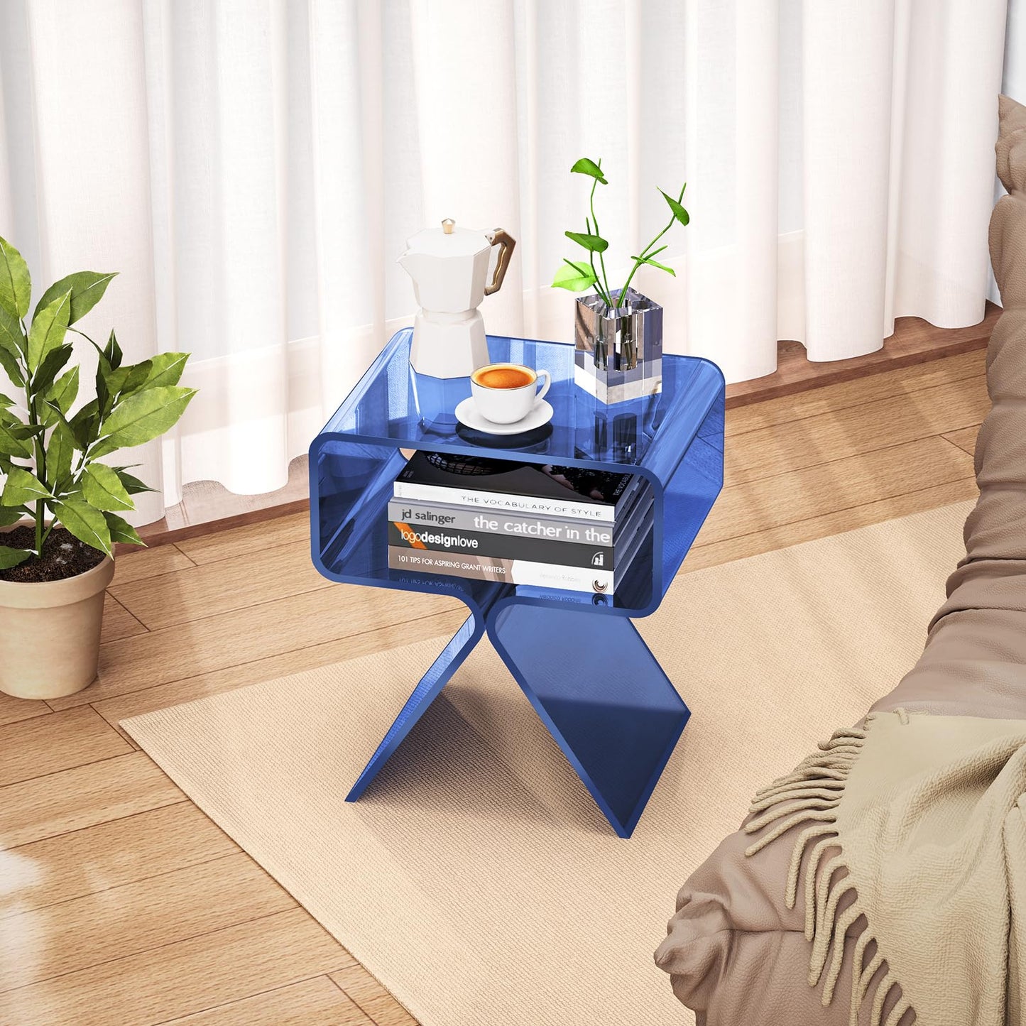 solaround Acrylic Nightstand Side Table, Modern Design Clear Home Decor Display End Table (Dark Blue)
