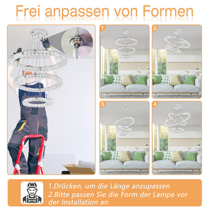 ATUM 72W Modern Crystal LED 3 Ring Design, Creative Chandelier Hanging Light for Bedroom Living Room Dining Room (Cool White, 72W)