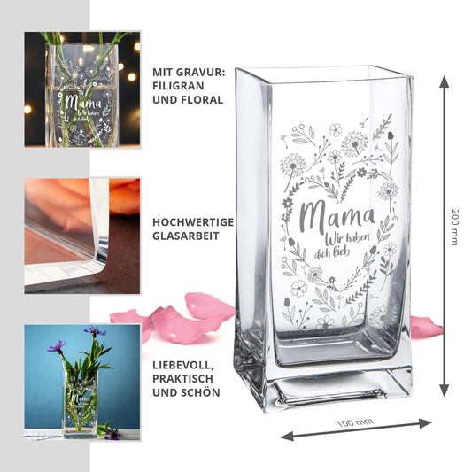 Flower vase for mom: Engraved vase, Mother's Day gift, Square glass vase for the best mom, Flower heart decor vase as a gift for mom, Modern tulip vase, Glass table decoration, Birthday gift