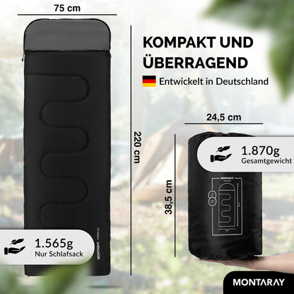 MONTARAY hooded sleeping bag rated down to -5°C with pillow included. Suitable for 3-4 seasons, this 280GSM sleeping bag is ideal for both winter and summer outdoor use. Designed for both men and women, it is warm and ultra-lightweight.