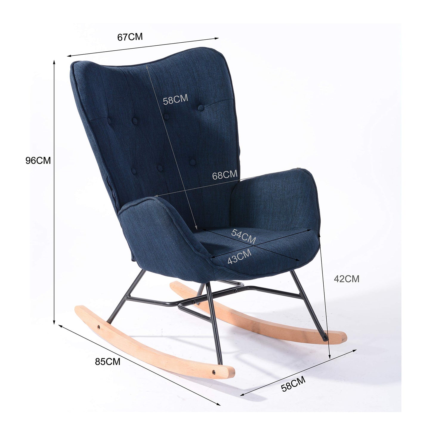 Cosy armchair rocking chair with armrests and padded seat for living room, bedroom, balcony. Supports up to 120 kg. Dark blue fabric and wooden rockers.