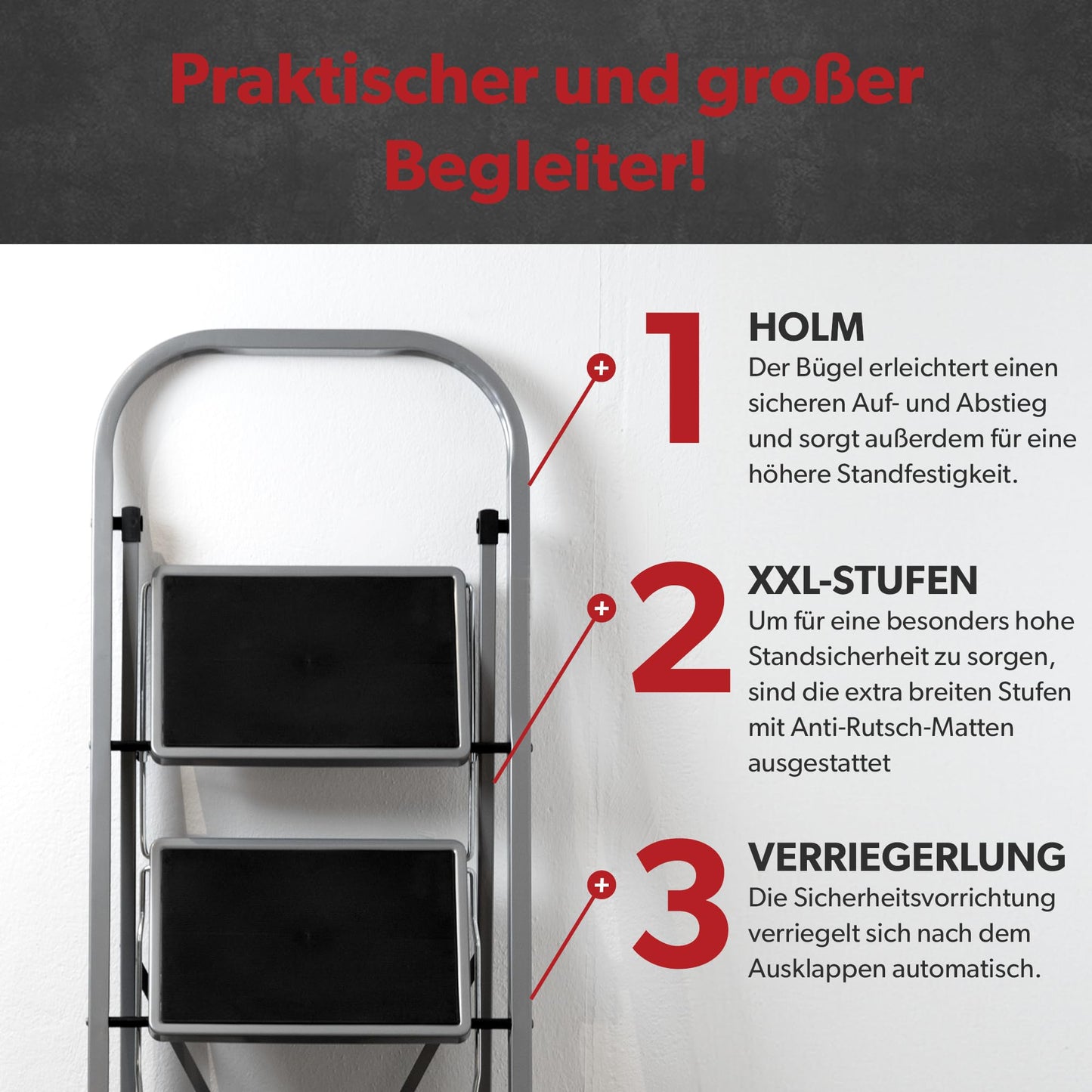 siwitec step ladder, foldable ladder with 3 steps, steel folding stool can hold up to 150 kg, foldable step stool, TÜV/GS certified, anthracite