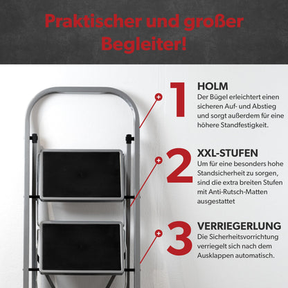 siwitec step ladder, foldable ladder with 3 steps, steel folding stool can hold up to 150 kg, foldable step stool, TÜV/GS certified, anthracite