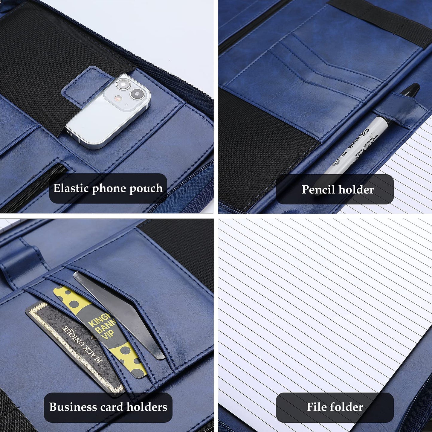 ProCase A4 Writing Pad PU Leather Conference Folder Portfolio with Zipper Clipboard Notepad Business Document Holder, lightweight, durable material - Navy