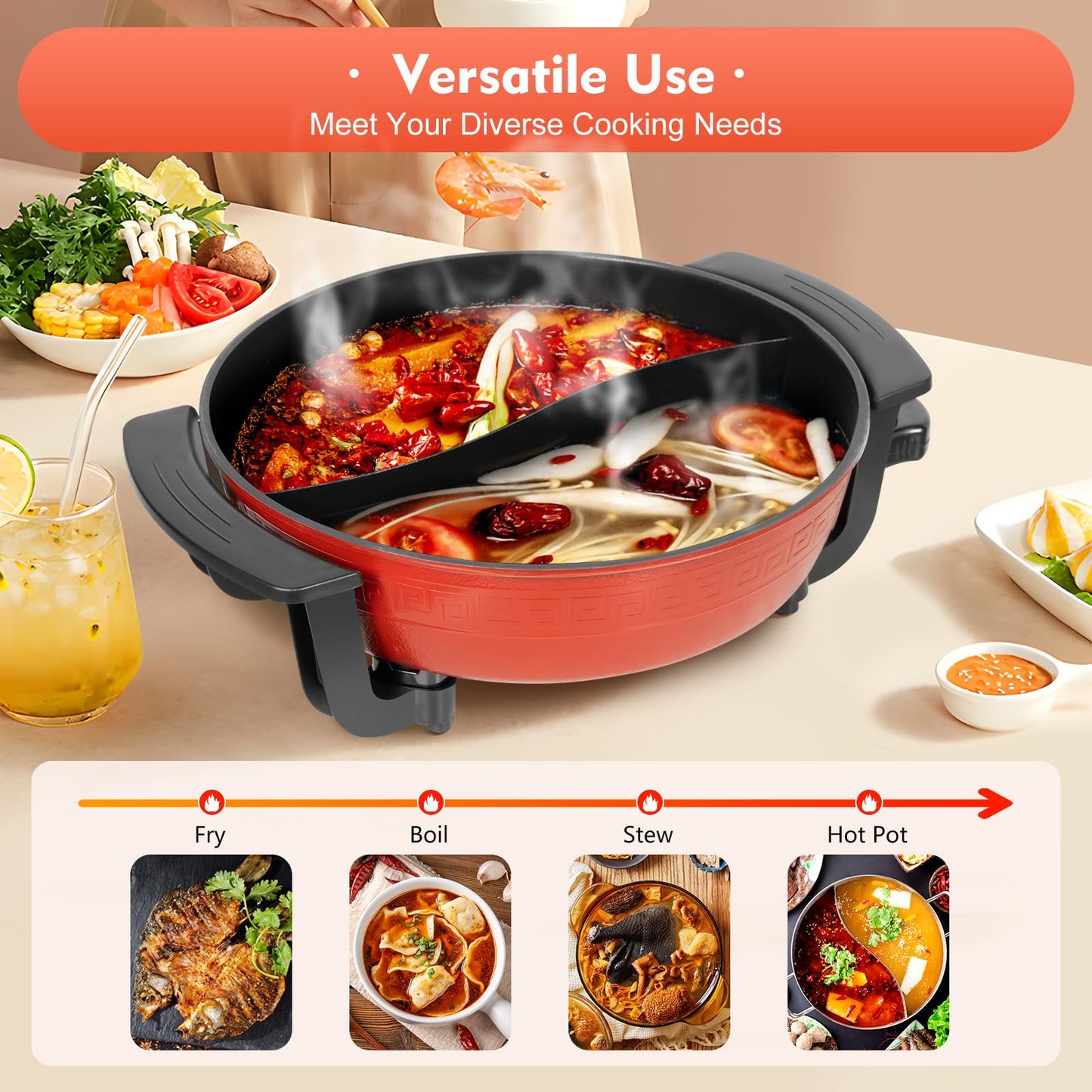 1300W 6L Electric Hot Pot Twin Cooker Fire Pot Yin Yang Hotpot 2 Sided Soup Pot, Electric Stewpan Wok Pan, Hotplate, Non-Stick Chinese Hotpot