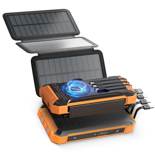 Sckolaink Solar Powerbank, 32000mAh with 4 charging cables, wireless charging, USB/Type-C input, 2 outputs, LED flashlight. Solar charger for phones and tablets.
