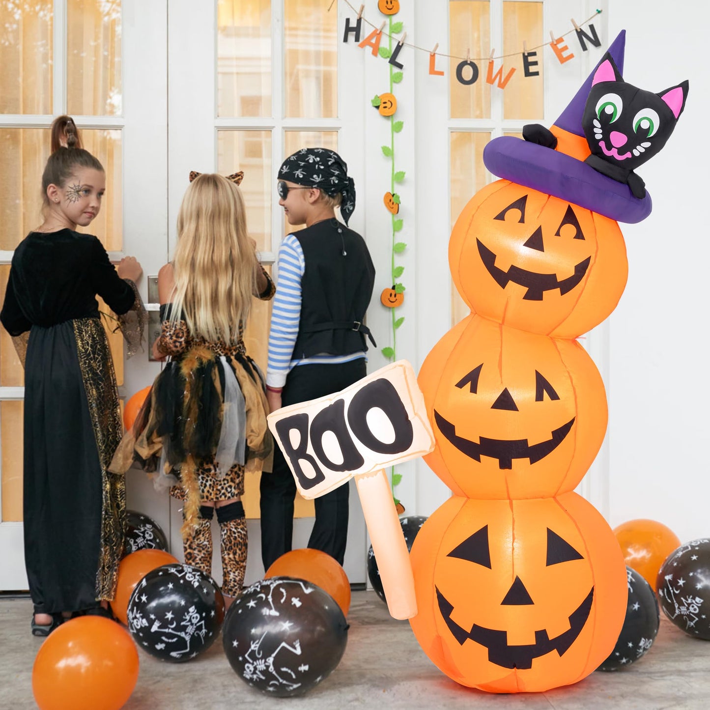 Solpex Halloween decoration, inflatable pumpkin and black cat decoration, 150cm/5FT stacked pumpkin with LED lighting for party, garden, lawn, yard decoration (orange & white)