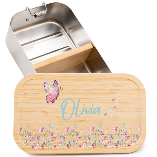 Kidsmood - Personalized lunchbox for kids with compartments, stainless steel container with bamboo lid. Printed without harmful substances, featuring cute animal design and name. Perfect gifts for girls & boys starting school.