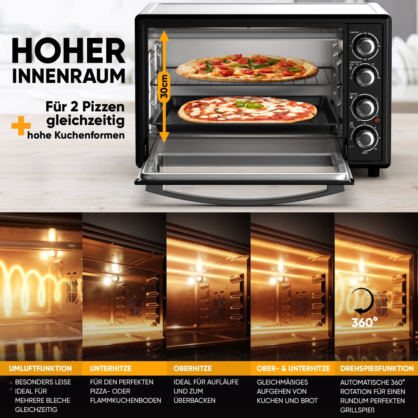 Stillstern Mini Convection Oven 45L (DE Version) Pizza Ø32, CYCLONE PRO+ non-stick coating, Defrost function, 2h timer, Camping Mini Convection Oven Pizza Oven Mini Oven small Rotisserie Chicken Grill with spit