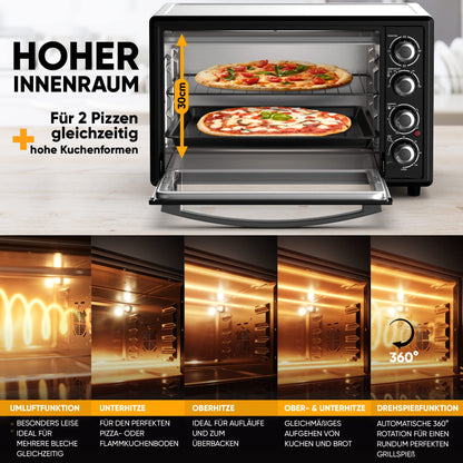Stillstern Mini Convection Oven 45L (DE Version) Pizza Ø32, CYCLONE PRO+ non-stick coating, Defrost function, 2h timer, Camping Mini Convection Oven Pizza Oven Mini Oven small Rotisserie Chicken Grill with spit