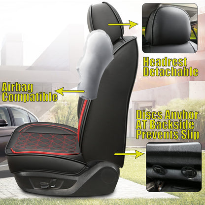 JDWBT Luxury Car Seat Covers Faux Leather Universal, Car Seat Covers Compatible Airbag, Car Seat Covers For Most Sedans, SUVs (Black Red, Full Set)