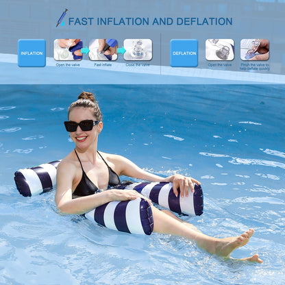Inflatable pool water hammock for adults. Relax and have fun on this pool accessory with a net. Great for the pool, sea, beach, or lake. Fits 3 persons. Enjoy the water!