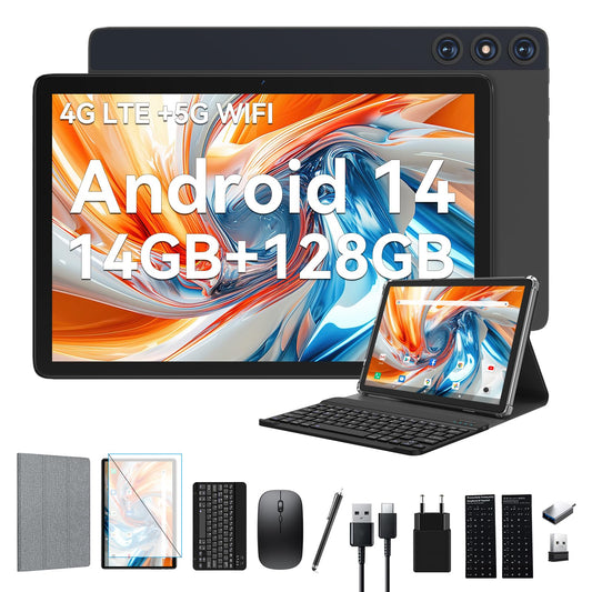 2025 Latest Android 14 Tablet 10 inch, 4G LTE Tablets with 2 SIM 1 SD slot, 5G Wifi Tablets PC with 14GB+128GB(1TBTF), 3-in-1 Tablet with Keyboard Mouse-Octa-core, 1080FHD, 13MP+8MP, 7000mAh, GPS/OTG-Gray