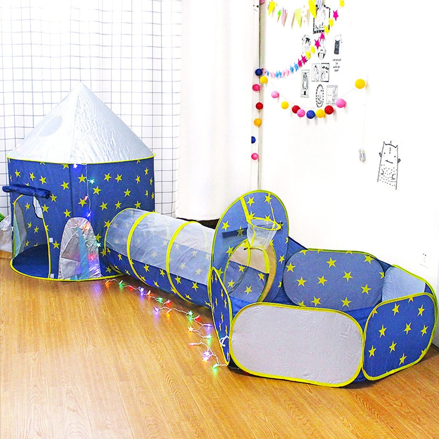 Benebomo play tent with tunnel, 3 in 1 Blue Rocket Tunnel Tent for kids, indoor children's tent, yurt, ball pit, crawl tunnel, crawling tunnel with tent, play tent for boys/girls.