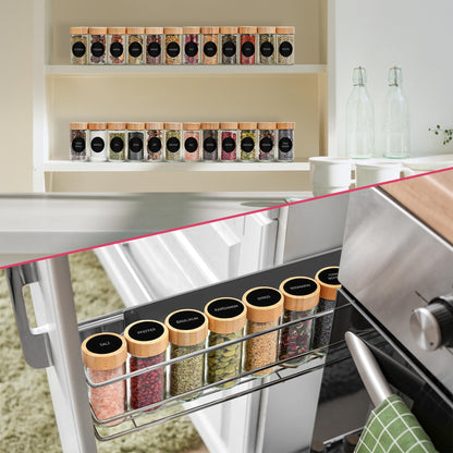 Happy Lemuro Spice Jars Round [12 x 100ml] 399 Spice Labels, Bamboo Lids | Spice Containers with Wooden Caps & lots of accessories. Set of 24 Spice Jars, Spice Storage Organizer.