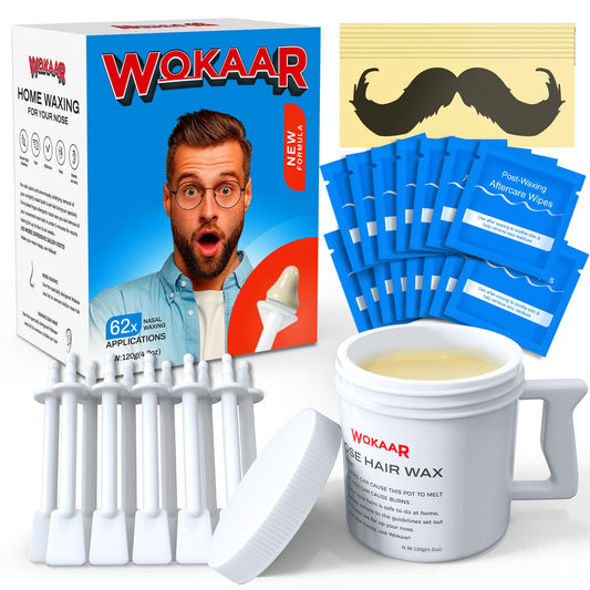 Wokaar Nose Hair Waxing Kit for Men and Women, 120g of hypoallergenic wax, 30 applicators, nose and ear hair removal wax, easy nostril waxing kit, 15 balm cloths.