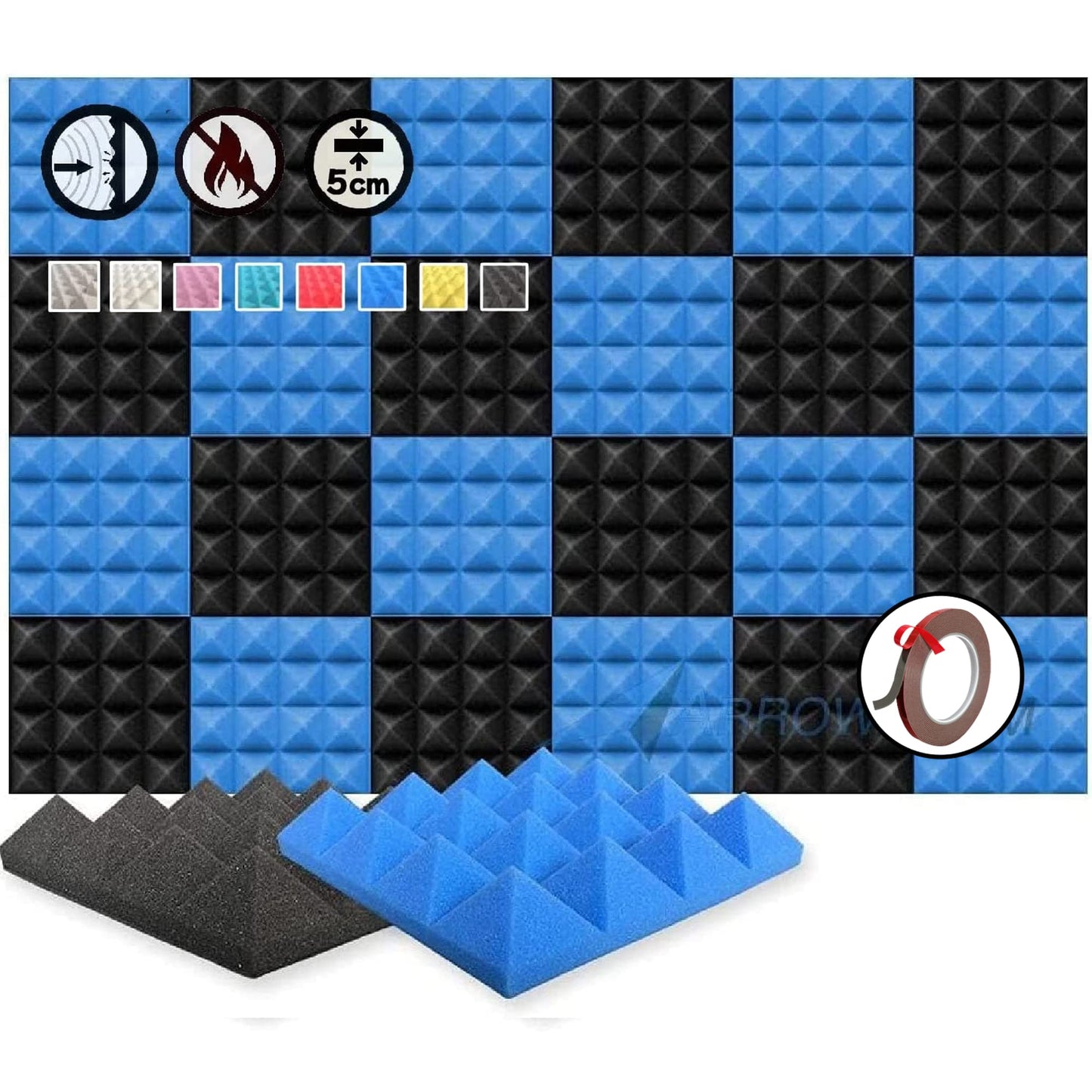 Arrowzoom 24 Acoustic Panels Acoustic Foam Mats Acoustic Foam 25x25x5cm Tiles Insulation Wall Decor Pyramids Eggcrate Soundproofing Broadband Absorber Ceiling Foam Fire Retardant Blue Black