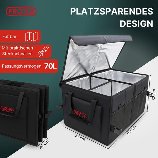 Trunk Organizer [Award winner 2025] by PROTEX® 70L Cooler Bag - Foldable trunk bag with lid - XXL trunk box with insulation for hot & cold - Practical & Waterproof (black)