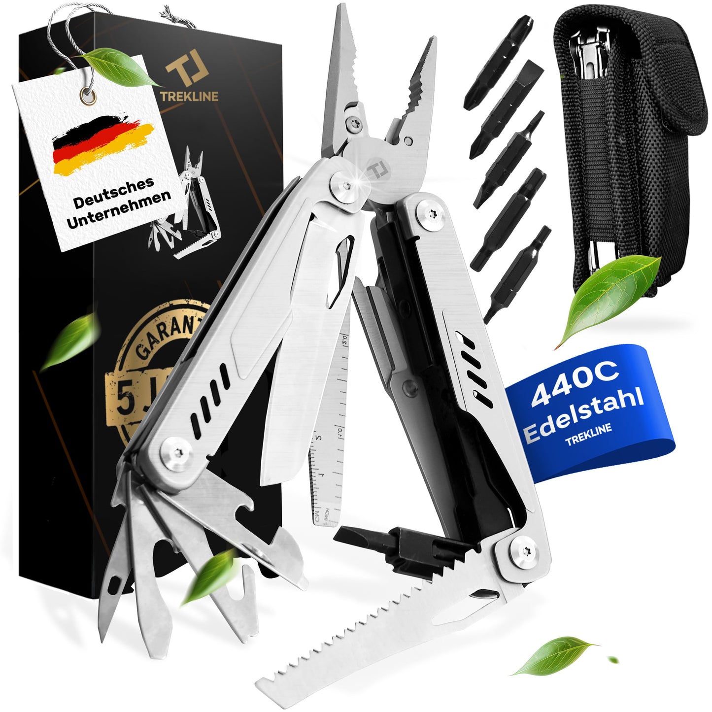 TREKLINE Premium Multitool Tool [stainless steel] Survival Multifunction knife perfect camping accessory, Multifunction tool [28 functions] pocket knife, Protected design