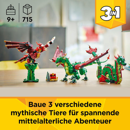 LEGO Creator 3in1 Green Dragon - Toy - Rebuildable into Toy Sea Serpent or Phoenix Figure - Animal Building Toy for Kids - Birthday Gift for Boys and Girls 9+ years 31161