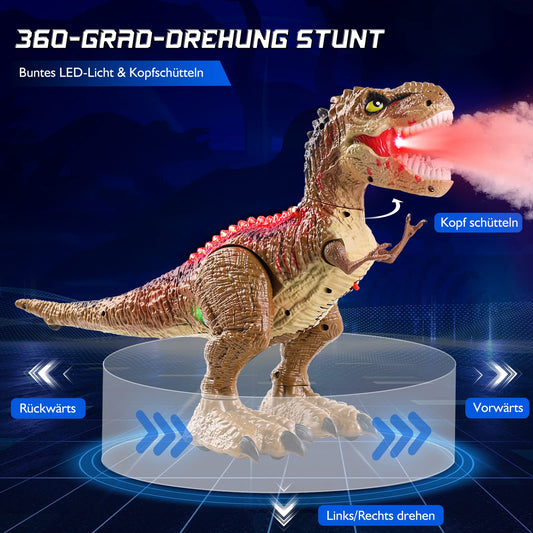BAZOVE 2.4GHz remote control dinosaur toy with 360° spin stunt, spraying function, roaring, and LED light, electronic T-Rex dino toy gift for boys girls 3+ years old.