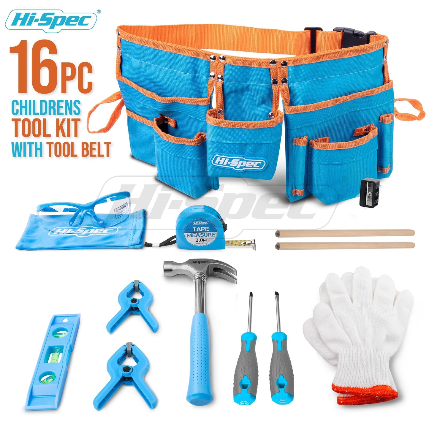 Hi-Spec 16pc Children's Tool Belt - Real tools in the set including screwdriver, level, work gloves, hammer, and safety glasses.