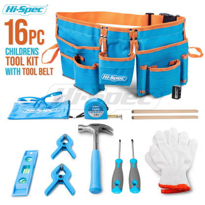Hi-Spec 16pc Children's Tool Belt - Real tools in the set including screwdriver, level, work gloves, hammer, and safety glasses.