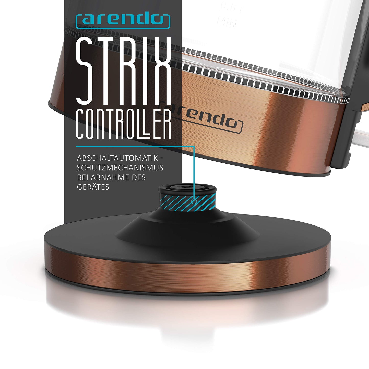 Arendo - Glass kettle stainless steel - 1.7 liters - 2200W - Cool Touch handle - One Touch closure - automatic shut-off - integrated cord storage - overheat protection - Copper design