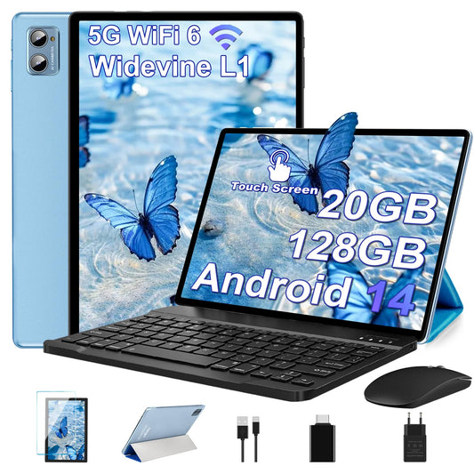 2025 Latest Tablet 10 Inch Android 14 Tablets, 20GB RAM+128GB ROM/TF 2TB, WLAN 6, 5G+2.4G WLAN,8-Core,WideVine L1,1280*800 FHD IPS,6000mAh,8MP+5MP,BT5.0,GMS Tablet With Keyboard and Mouse - Blue