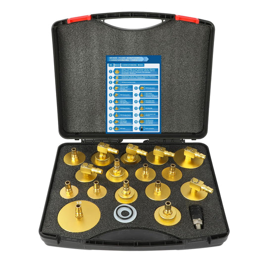 17-piece brake bleeding tool kit with quick adapter, metal brake bleeding adapters for vehicles, brake fluid reservoir adapter suitable for 90% of brake bleeding sets.