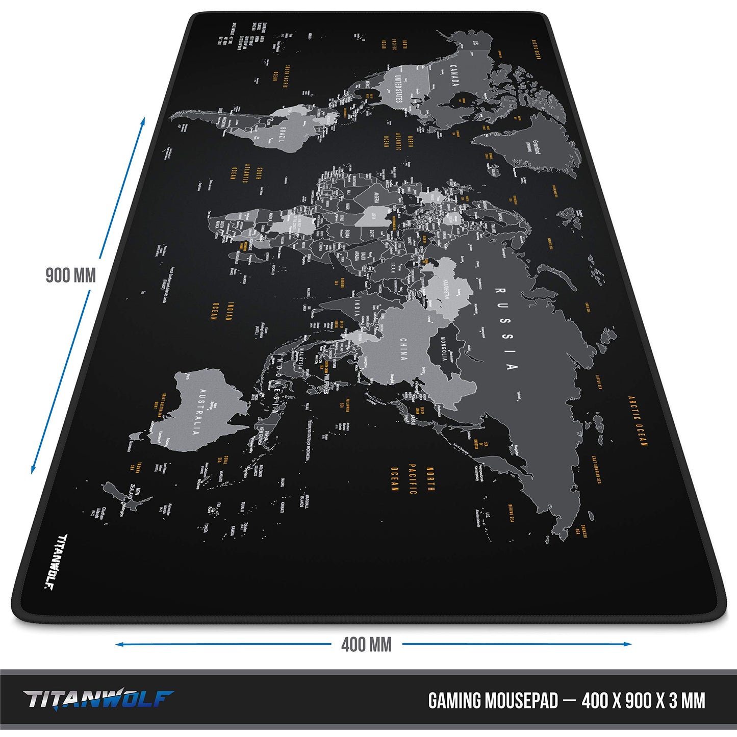 TITANWOLF - XXL Mousepad Gaming Titanwolf 900x400 mm - Mousepad XXL Gaming Large - Desk Pad Large Size - enhances precision and speed - Design World Map Black