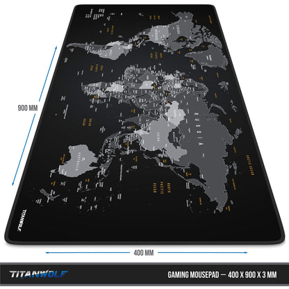TITANWOLF - XXL Mousepad Gaming Titanwolf 900x400 mm - Mousepad XXL Gaming Large - Desk Pad Large Size - enhances precision and speed - Design World Map Black