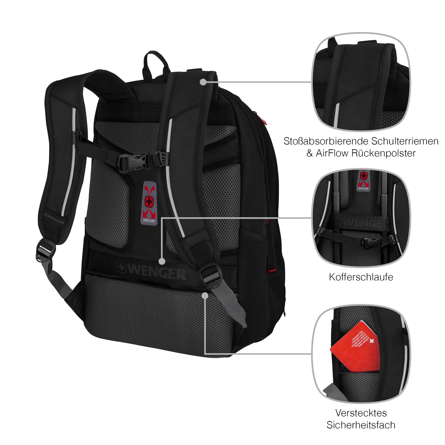 WENGER Carbon Pro Laptop Backpack with tablet compartment, fits up to 17 inch laptops, 33L, unisex, for office, business, and university use, black, 653129