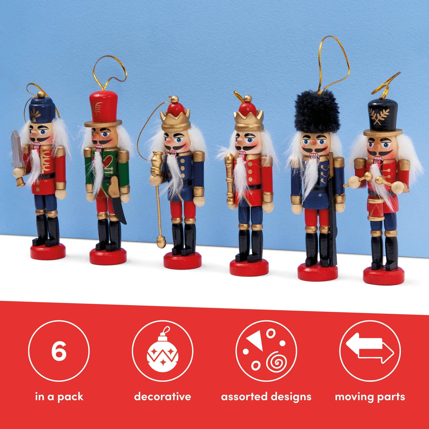 THE TWIDDLERS - 6 Traditional Christmas wooden Nutcrackers, 13cm - Soldier Ornaments Tree Decorations Christmas Tree Ornaments Christmas Decorations