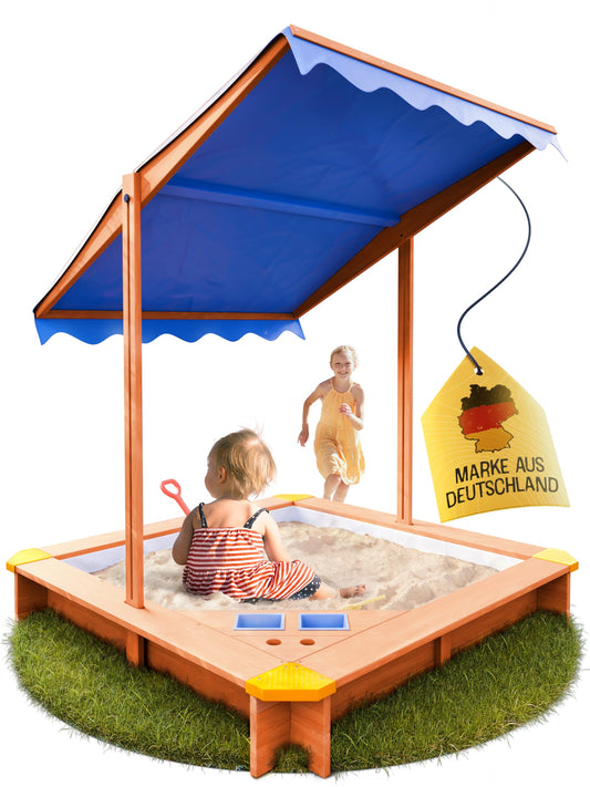 FRIEDO - Sandbox with roof (UV80+) & mud kitchen 120x120 cm - Sandbox includes weed and pest-proof ground fleece - Sandbox with wooden cover for children - suitable for outdoor and garden use.