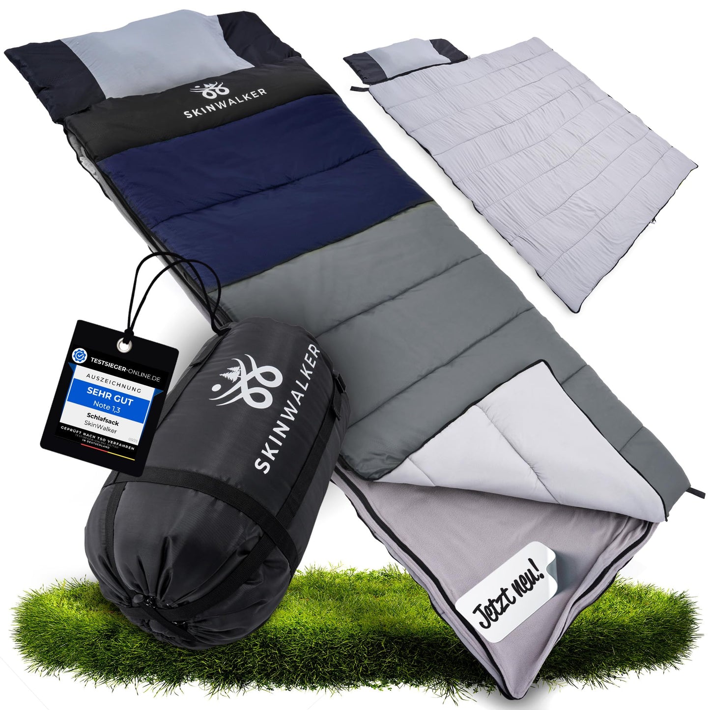 SkinWalker sleeping bag [Small size up to 1.65m height] 3-4 seasons with detachable polar fleece + pillow [-18°C to +15°C] Winter + Summer mummy sleeping bag for camping youth (blue-gray)