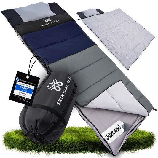 SkinWalker sleeping bag [Small size up to 1.65m height] 3-4 seasons with detachable polar fleece + pillow [-18°C to +15°C] Winter + Summer mummy sleeping bag for camping youth (blue-gray)