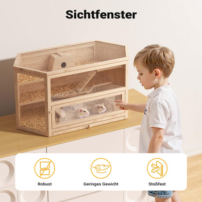 Wiltec XXL 3 level rodent cage, hexagonal, 1150 x 600 x 580 mm, made of wood, with foldable lid & viewing window, small animal house mouse cage hamster cage
