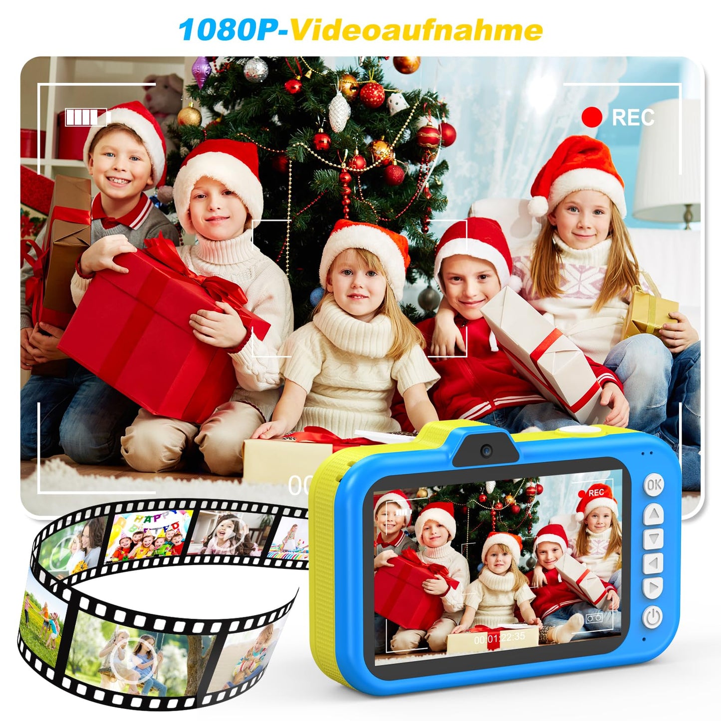 Children's camera with 3.5" display | 360° zoom lens | Selfies & LED flash | Digital camera with 32GB card | Toy for kids 3-12 | Blue