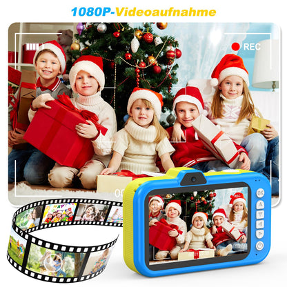 Children's camera with 3.5" display | 360° zoom lens | Selfies & LED flash | Digital camera with 32GB card | Toy for kids 3-12 | Blue