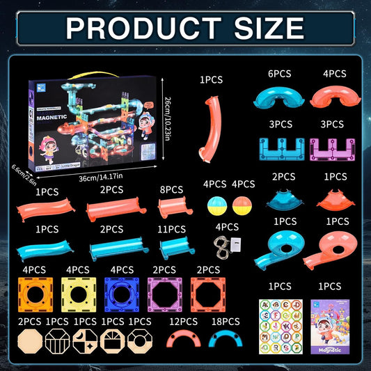Magnetic building blocks, 111 pieces construction set, magnetic toy, educational toy, magnetic blocks with marble run, learning toy, for boys and girls.