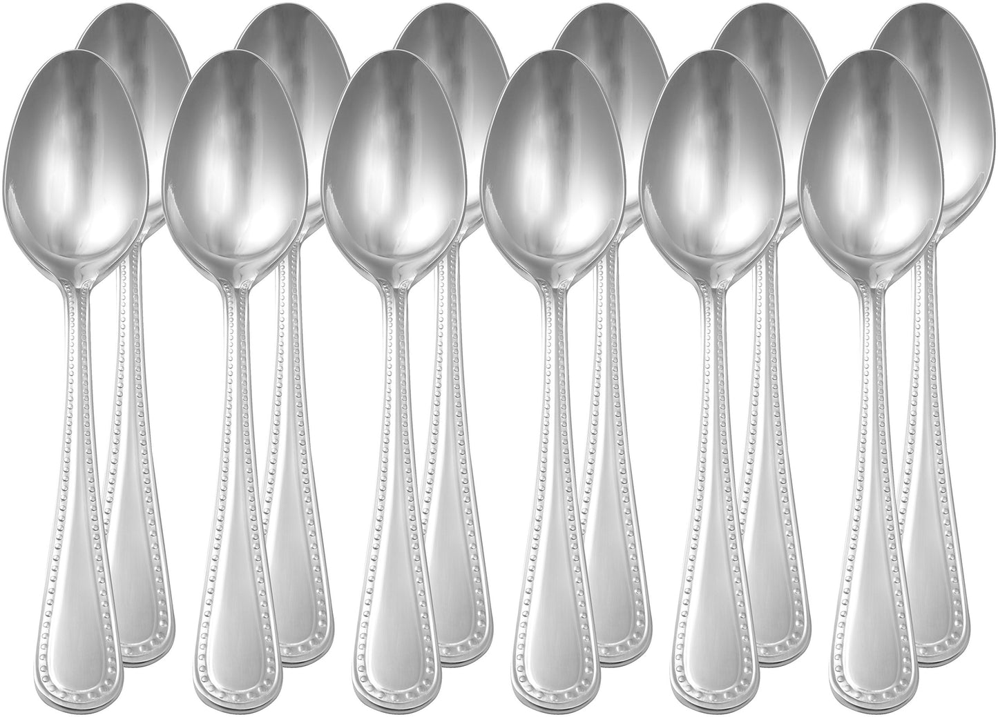 Amazon Basics Stainless Steel Pearled Edge Dinner Spoons, Dishwasher Safe, Large Size, 19.6 cm, 12-Pack, Silver.