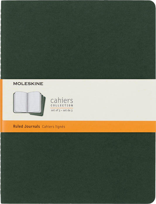 Moleskine - Cahier Journal - Set of 3 notebooks with lined pages - Cardboard cover with visible cotton stitching - Myrtle color - Very large format 19 x 25 cm - 120 pages.