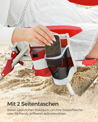 SONGMICS beach chair, camping chair, foldable, with shoulder strap, adjustable backrest, headrest, armrest, 2 side pockets, red and white GCB062R01